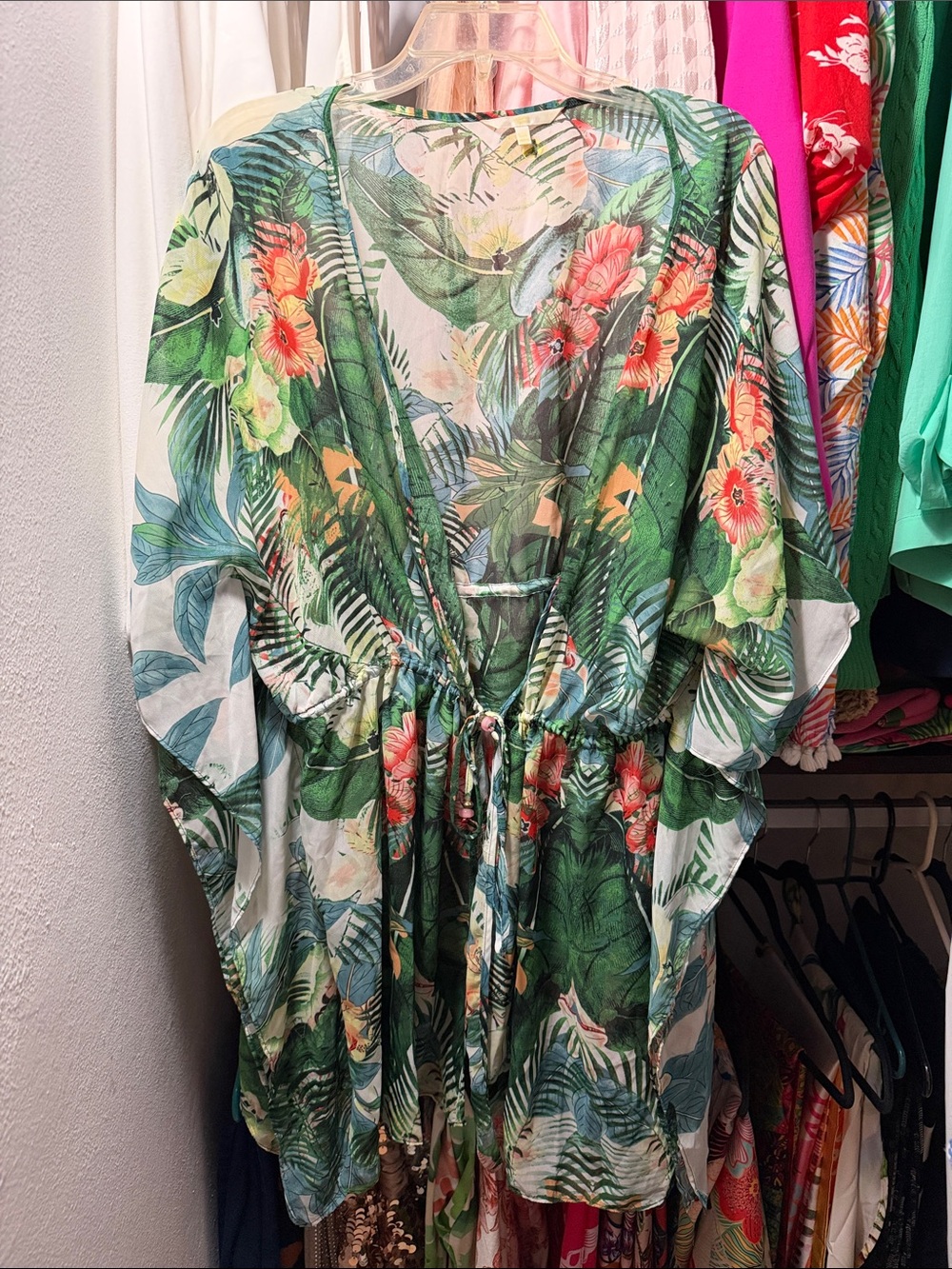 Tropical Floral Kimono Cover-Up in Green & Coral